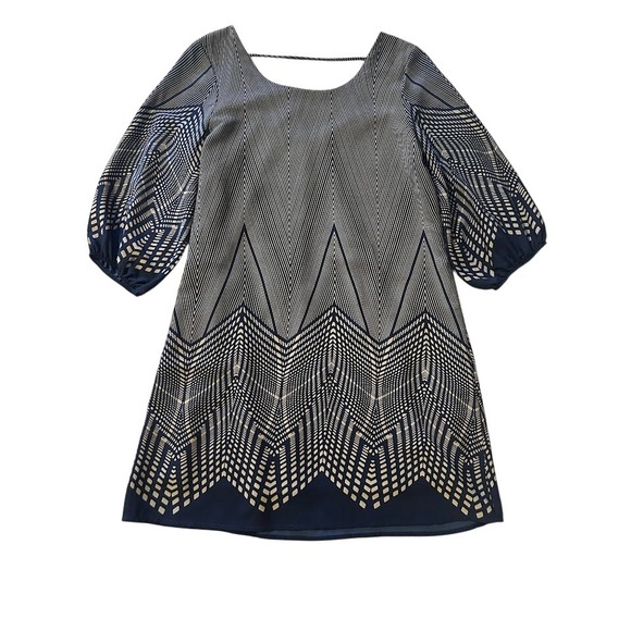 Womens Navy Blue & Beige Geometric Print Dress Small Party Cocktail Event - Picture 1 of 9